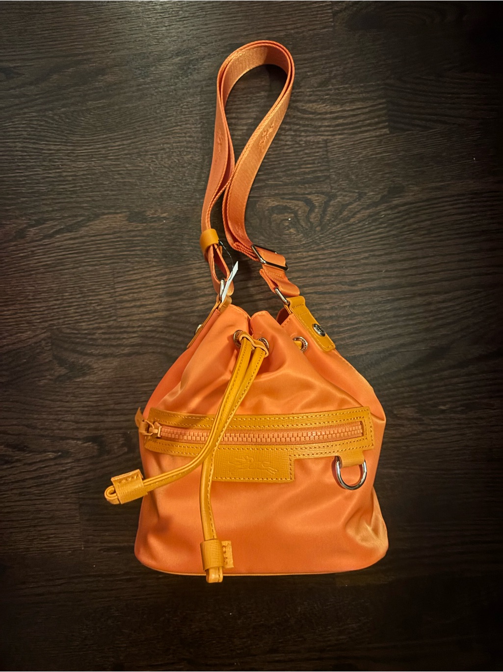 Longchamp Orange Drawstring Crossbody Bucket Bag